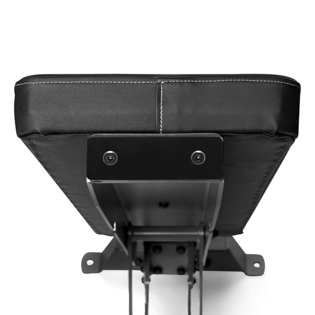 Close-up of the Bells of Steel Buzz-Saw Heavy-Duty Adjustable Bench end, showing visible stitching, metal brackets, and a robust support structure from a low angle against a white background.
