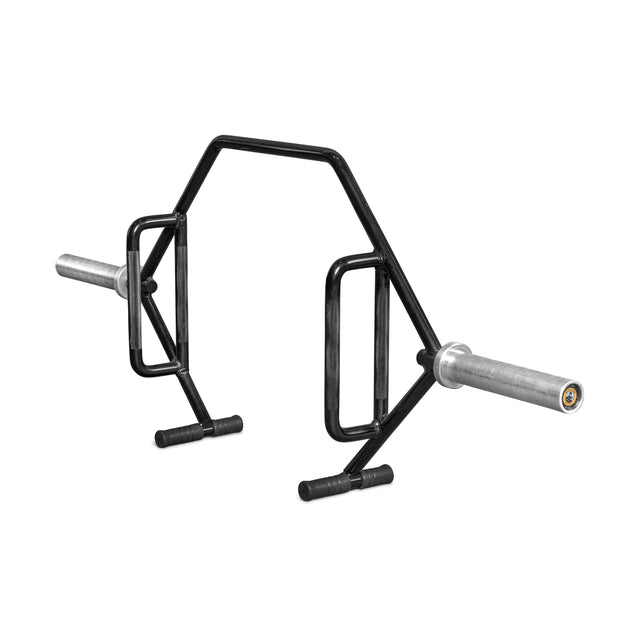 The Bells of Steel Open Trap Bar is a black hexagonal bar with elevated and standard handles, ideal for deadlifts. Each side has silver rotating sleeves for smooth plate loading.