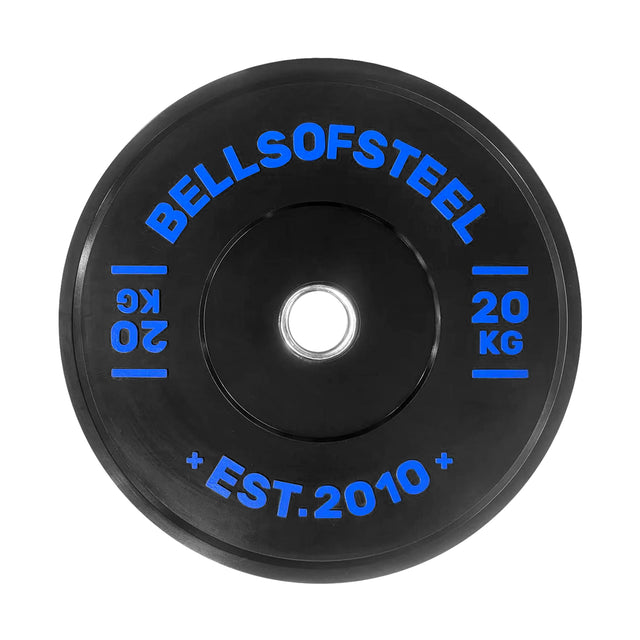 The Dead Bounce Conflict Bumper Plate by Bells of Steel is a black plate made from durable virgin rubber, featuring blue text ("BELLS OF STEEL," "20 KG," "0.9," "EST. 2010") and a central hole for easy barbell mounting—perfect for lifters.
