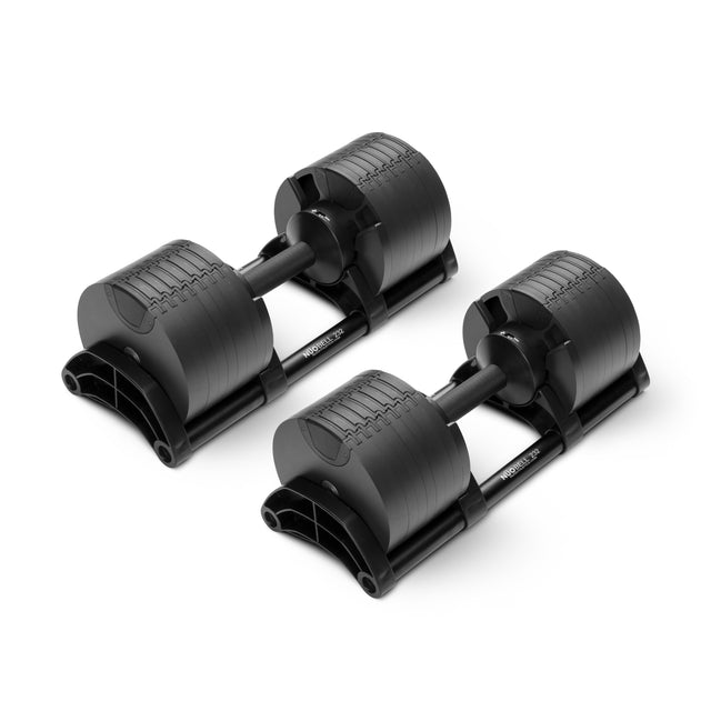 A pair of Nuobell NÜOBELL Adjustable Dumbbells with machined steel plates and a modern design are shown side by side on a white background.