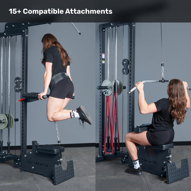 Split image shows a woman using the Bells of Steel Lat Pulldown Low Row Machine: on the left, she does weighted pull-ups; on the right, a lat pulldown. Text above says “15+ Compatible Attachments.”.