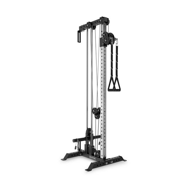 The Bells of Steel Cable Tower features pulleys, adjustable height, a weight stack, and handle on a sturdy black and silver frame—ideal for versatile cable exercises and strength training.
