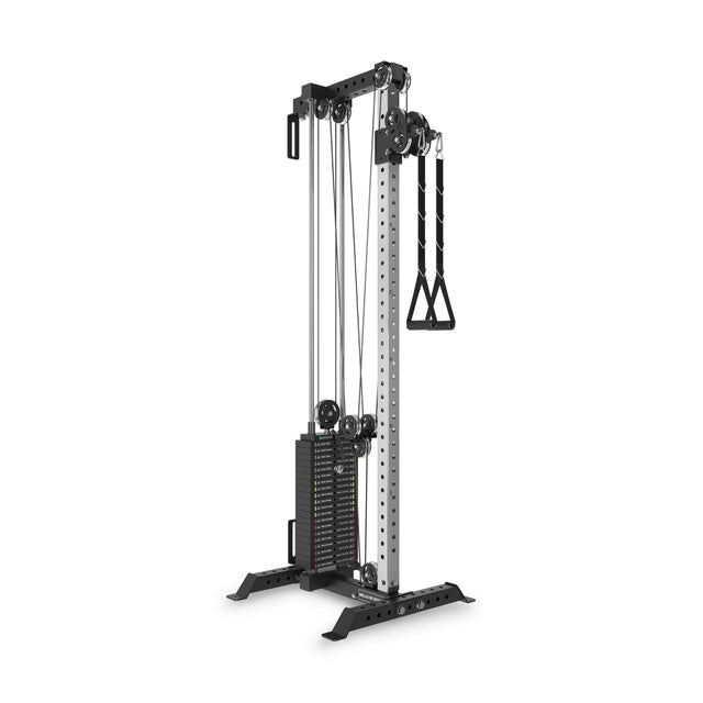 The Bells of Steel Cable Tower is a compact, black-and-silver unit with adjustable pulleys, weight stack, and handles—perfect for versatile strength training while saving space.
