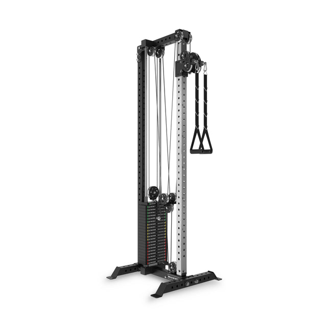 The Bells of Steel Cable Tower is a tall, black and silver machine with adjustable pulleys, weight stack, and single handle, designed for versatile strength training exercises.