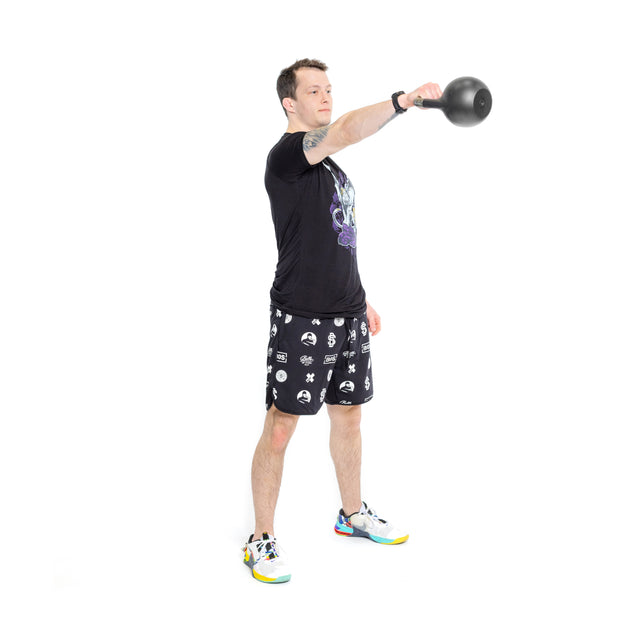 A person performs a front raise with their right arm using the Bells of Steel 6-12KG Adjustable Kettlebell, highlighting kettlebell training on a white background.
