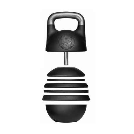 A black adjustable kettlebell with its components separated and stacked vertically to show different weight plates and the handle at the top against a white background.