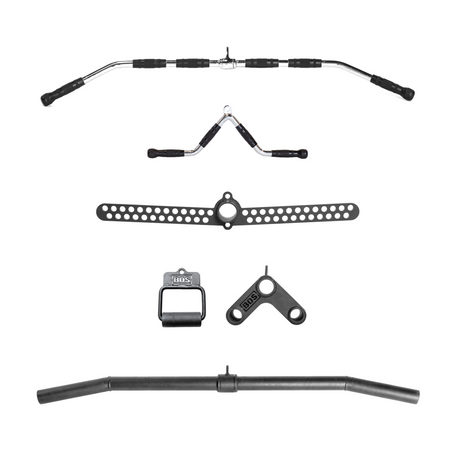 Six different gym cable machine attachments, including various pull-down bars, a row handle, a triangle grip, a perforated adjustable bar, and a straight bar, arranged on a white background.