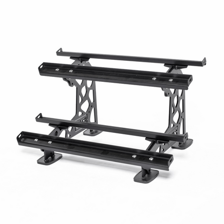 Black metal stand with a geometric frame and three horizontal bars, designed for holding or mounting objects, set against a plain white background.