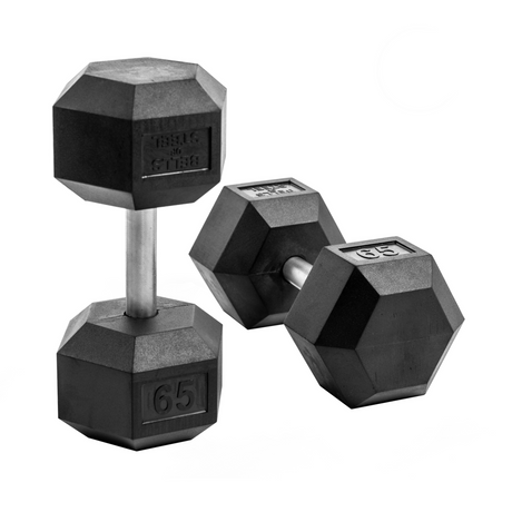 Three hexagonal black dumbbells with chrome handles are displayed on a white background. The weights are marked "65" on the ends, indicating 65 pounds each.