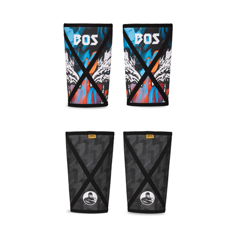 Four shin guards are shown: the top pair is colorful with "BOS" text and abstract designs, while the bottom pair is black and gray with a subtle pattern and a white logo at the bottom.