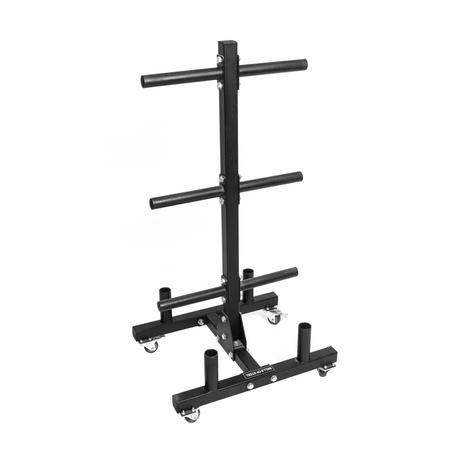 Black metal weight plate tree rack with six horizontal bars for storage and wheels for mobility, designed to organize gym weight plates.