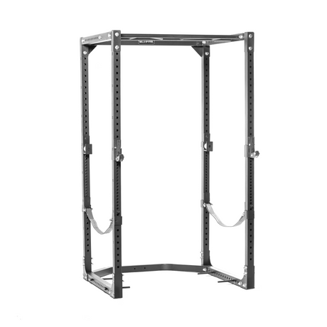 A sturdy steel power rack with multiple adjustment holes, safety straps, and a pull-up bar at the top, designed for weightlifting and strength training exercises.