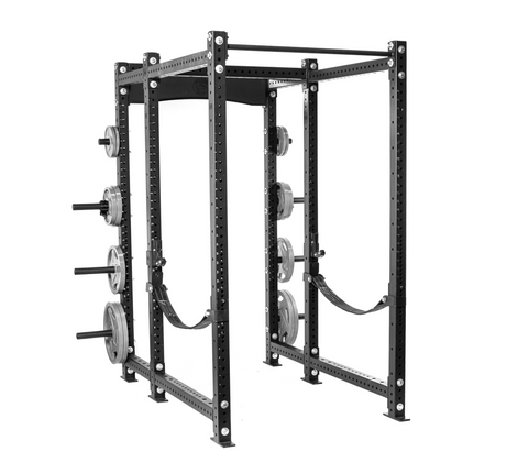 A black power rack with adjustable safety bars, weight pegs holding several weight plates, and multiple holes for customization. It's designed for strength training and supports various exercises like squats and bench presses.