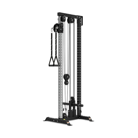 A black and silver cable machine with adjustable pulleys and attached handles on a sturdy base for weight training.