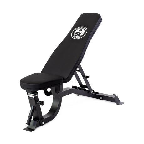 Adjustable black workout bench with padded seat and backrest, featuring a logo on the upper backrest. The bench has a sturdy metal frame and is set at an incline position.