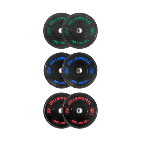 Six black Bells of Steel Dead Bounce Conflict Bumper Plate pairs—green 10kg, blue 20kg, red 25kg—each with a center hole and dead bounce for safer lifts.