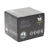 The Bells of Steel Foam Soft Plyo Box (16 x 18 x 20) is a versatile gym accessory in black leather featuring white and orange text with "sixteen" and "16 inch," a circular "LEVELS OF STEEL EST. 2020" logo, and dense foam surfaces adorned with diagonal arrow designs.
