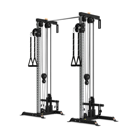 The Bells of Steel Cable Tower Squat Stands are black and silver dual adjustable pulley machines with weight stacks, handles, a pull-up bar, and multiple attachment points for strength training exercises.