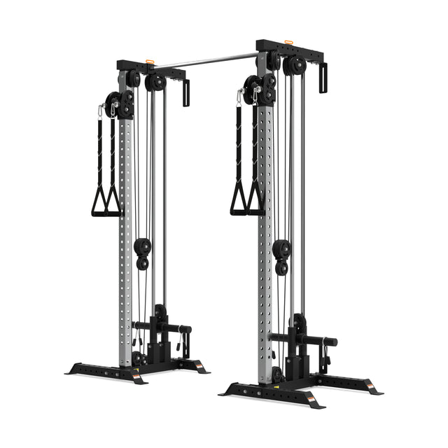 The Bells of Steel Cable Tower Squat Stands are black and silver dual adjustable pulley machines with weight stacks, handles, a pull-up bar, and multiple attachment points for strength training exercises.