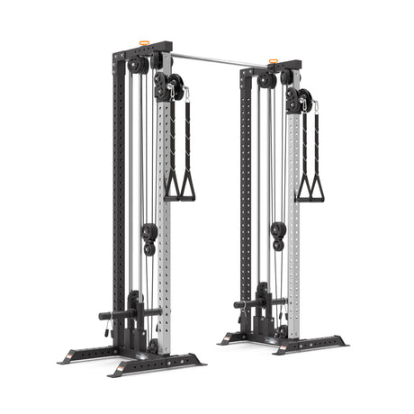 The Bells of Steel Cable Tower Squat Stands feature adjustable pulleys, a black frame, silver columns, and two handles per side—making this versatile machine ideal for strength training exercises.