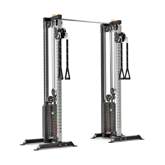 The Bells of Steel Cable Tower Squat Stands feature adjustable pulleys, dual weight stacks, handles, and a sturdy metal frame—making them versatile equipment for strength training exercises.