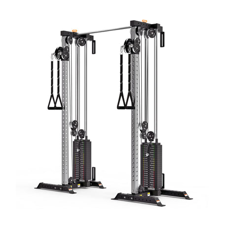 The Bells of Steel Cable Tower Squat Stands feature dual adjustable weight stacks, pulleys, and handles for strength training—an ideal addition to your gym alongside squat stands or a pull-up bar.