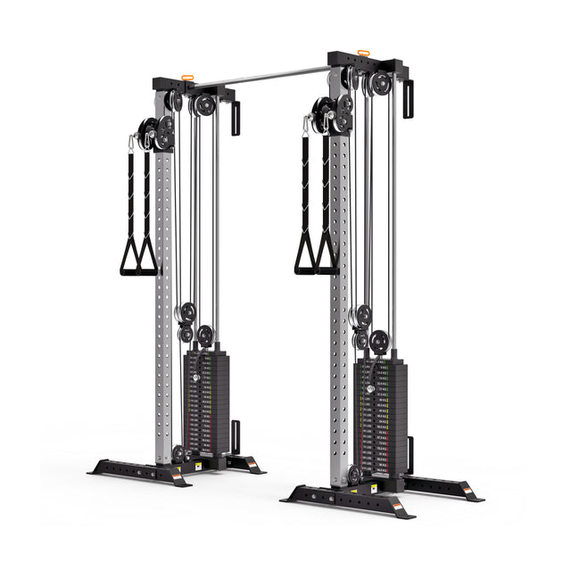 The Bells of Steel Cable Tower Squat Stands feature dual adjustable weight stacks, pulleys, and handles for strength training—an ideal addition to your gym alongside squat stands or a pull-up bar.