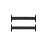 Two black metal brackets with circular holes, placed parallel on a white background, resemble Bells of Steel Hydra Crossmembers, popular as power rack attachments.