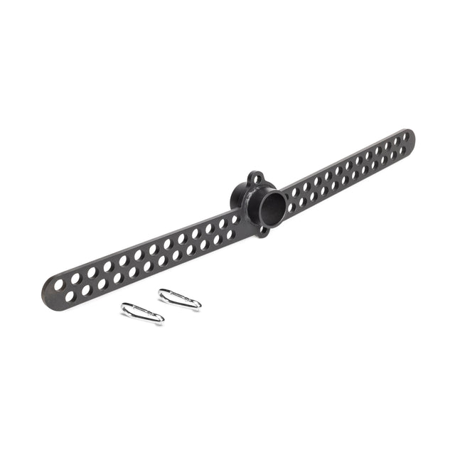 The Bells of Steel 30 D-Handle Bar Cable Attachment features two perforated black metal arms and a central cylindrical hub, ideal for cable machines. Includes two metal carabiners, all shown on a white background.