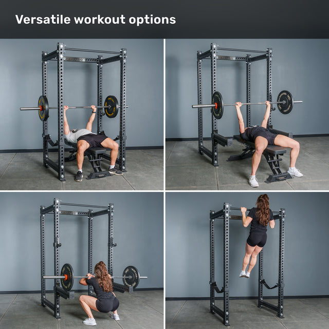 Four images feature a woman using the Bells of Steel Manticore Four Post Power Rack - Prebuilt (3" x 3", 1" Holes) in her home gym as she performs bench presses, incline bench presses, squats, and pull-ups. Text reads, “Versatile workout options.” The gym has gray walls and flooring.