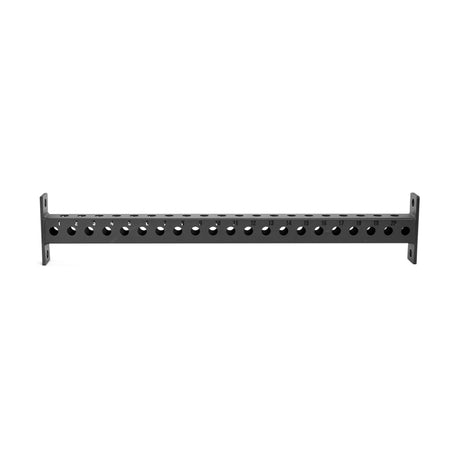 The Bells of Steel Manticore Crossmembers are black metal rack-mount panels with multiple round ports in a row, designed for network or audio cable management and easy integration with power rack uprights for versatile attachments.