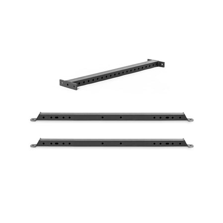 The Bells of Steel Hydra Flat Foot Components, a black metal rack mount rail kit with multiple holes, is shown from three angles. Its flat foot support system enhances power rack stability—perfect for server racks or network cabinets.