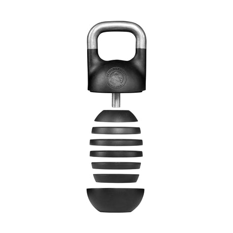 A black and silver metal 6-12KG Adjustable Kettlebell from Bells of Steel, featuring a rounded handle reminiscent of competition-style kettlebells favored by Mark Wildman, incorporates a threaded rod and a segmented, oval-shaped body with horizontal grooves that ends in a cup-shaped base—highlighting its innovative adjustable design.