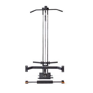 The Bells of Steel Lat Pulldown & Low Row Rack Attachment - Hydra & Manticore is a black home gym machine with a lat pulldown bar, cables, low row attachment, and vertical frame, shown on a plain white background.
