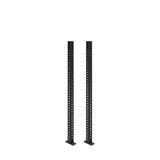 Two black Manticore Vertical Uprights by Bells of Steel, each 3x3 with evenly spaced holes, stand upright on flat bases against a white background, ready for various rack attachments.