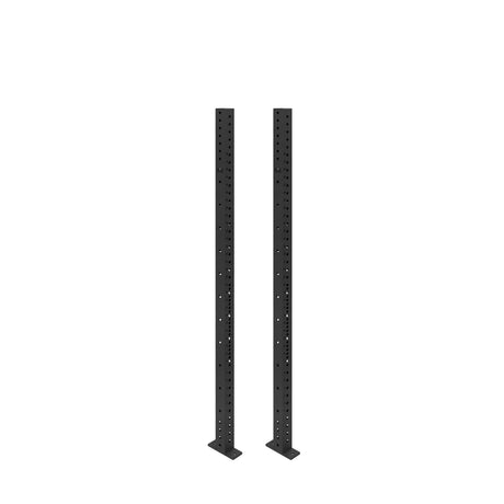 Two tall, black Bells of Steel Hydra Vertical Uprights with evenly spaced holes, designed for true 3x3 racks and compatible with many attachments, stand side by side on flat bases against a white background.