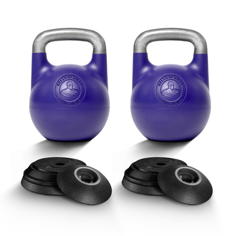 Two Bells of Steel Adjustable Competition Kettlebells with silver handles are set side by side, each in front of four black weight plates. All items are displayed against a clean white background.