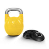 The Bells of Steel Adjustable Competition Kettlebell, featuring a yellow body and silver handle, is displayed next to several black weight plates on a white background.
