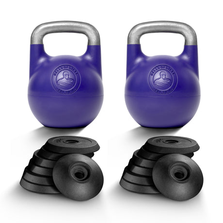 Two Bells of Steel Adjustable Competition Kettlebells with silver handles sit behind two stacks of five black weight plates each, all on a white background—perfect for serious kettlebell training.