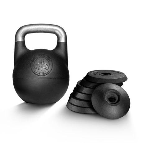 The Bells of Steel Adjustable Competition Kettlebell with a metallic handle is shown alongside six black weight plates on a white background—perfect for versatile kettlebell training.