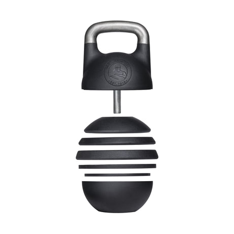 The Bells of Steel Adjustable Competition Kettlebell in black features an ergonomic design with a metal handle and a unique beehive-like pattern. It offers versatile weight increments and sports a circular emblem with an abstract logo, blending functionality with sleek aesthetics.