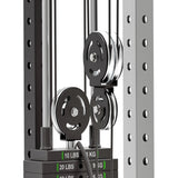 Close-up of the Bells of Steel Aluminum Pulley Wheel Upgrade Kit for Plate Loaded Cable Tower, highlighting two aluminum pulleys, cables, a dual-labeled weight stack (lbs/kg), and a metal frame with multiple adjustment holes.