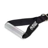 Close-up of Bells of Steel Adjustable Length Aluminum Handles attached to a black nylon strap with logo and metal ring, used as cable machine handles or gym accessories.