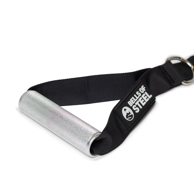 Close-up of Bells of Steel Adjustable Length Aluminum Handles attached to a black nylon strap with logo and metal ring, used as cable machine handles or gym accessories.