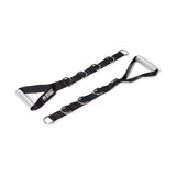 Two black Adjustable Length Aluminum Handles by Bells of Steel, featuring padded gray grips and multiple metal D-rings, are displayed on a white background. These adjustable handles are ideal for cable machine workouts or resistance training.
