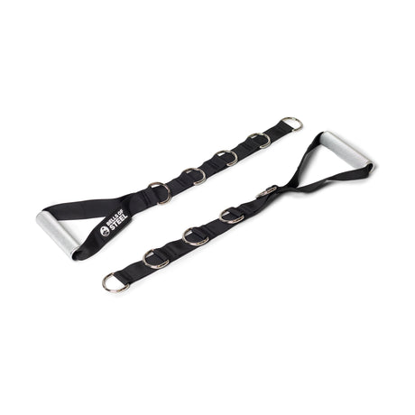 Two black Adjustable Length Aluminum Handles by Bells of Steel, featuring padded gray grips and multiple metal D-rings, are displayed on a white background. These adjustable handles are ideal for cable machine workouts or resistance training.