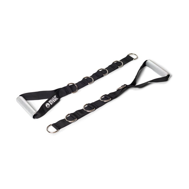 Two black Adjustable Length Aluminum Handles by Bells of Steel, featuring padded gray grips and multiple metal D-rings, are displayed on a white background. These adjustable handles are ideal for cable machine workouts or resistance training.