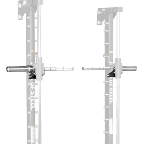 Two Anvil Handles by Bells of Steel, designed as Smith Machine Handles, are attached to a squat rack and face each other. The handles are silver with black brackets, while most of the squat rack is faded out in the background.
