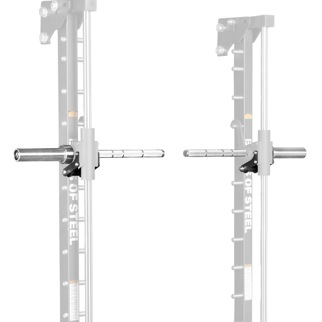 Two Anvil Handles by Bells of Steel, designed as Smith Machine Handles, are attached to a squat rack and face each other. The handles are silver with black brackets, while most of the squat rack is faded out in the background.