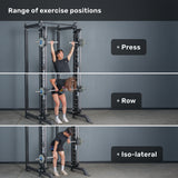 Three images show a person in a squat rack performing a press, a row, and an iso-lateral exercise using Anvil Handles by Bells of Steel, demonstrating different workout positions with a barbell in a gym setting.
